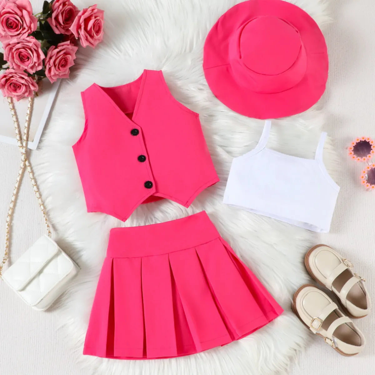 Bold Diva 4-Piece Set – Hot Pink Vest, Skirt & Hat Combo (1-6 Years)